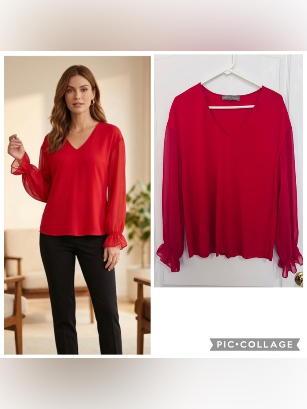 Lola & Sophie Red V-Neck Sheer Sleeve Ruffle Cuff Blouse size M